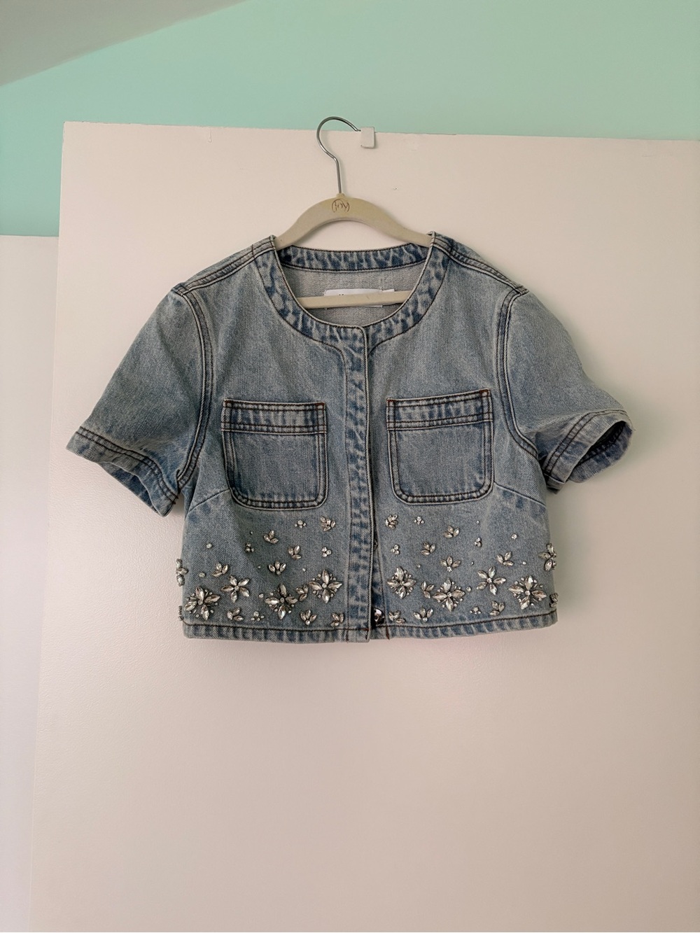 Self-Portrait Light Blue Denim Jacket with Faded Pattern